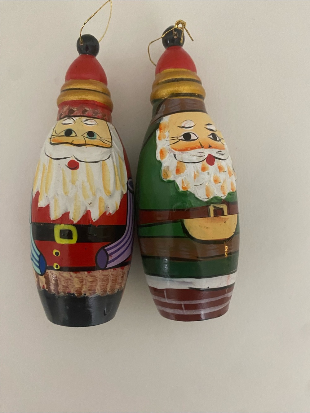 2 Vintage Russian Hand-Painted Wooden Santa Christmas Retro Holiday 4” Ornaments
